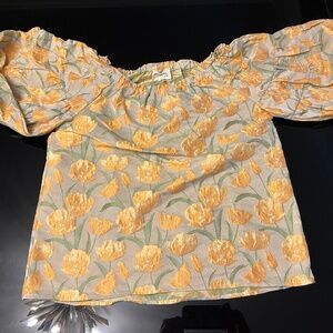 Before You: Tulip Jacquard Puff Sleeve Off Shoulder Top: Tangerine XS NWT